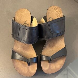 Black Leather Two-Strap Wedge Slide Sandals